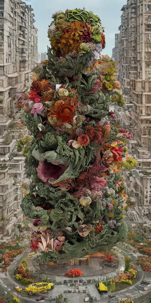 Image similar to colossal grotesque flower made from unfulfilled communist dreams in the middle of abandoned post soviet constructivist cityscape, Stalinist architecture, ultradetailed, Intricate by Hayao Miyazaki and Josan Gonzalez and Makoto Shinkai and Giuseppe Arcimboldo and Wes Anderson