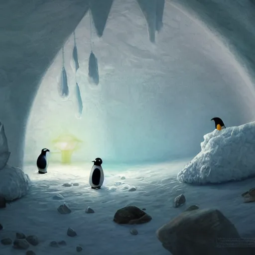 Image similar to Pingu the penguin in an Igloo, claymation, arctic, summer, 8k resolution matte fantasy painting, cinematic lighting, DeviantArt, Artstation, Jason Felix Steve Argyle Tyler Jacobson Peter Mohrbacher