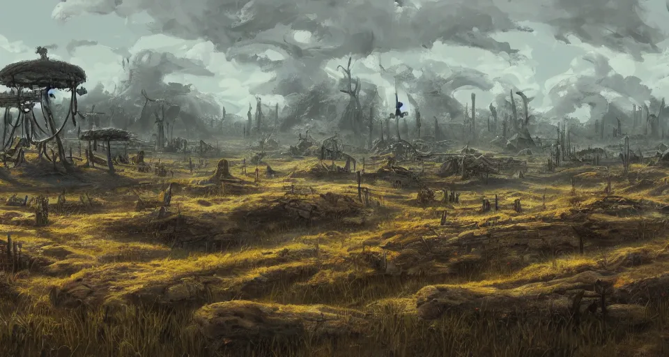 Image similar to landscape painting of a post apocalyptic field with huge skulls lying around by Friedrich, Caspar David, Studio Ghibli, concept art, trending on artstation 4k