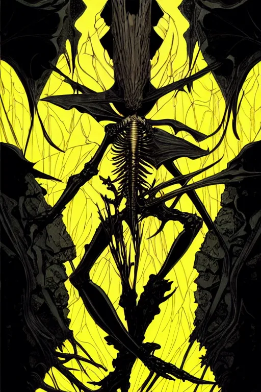 Image similar to black and yellow flat color, artgerm, joshua middleton, mucha, beksinski, moebius, heavy metal comic cover art, psychedelic triangular skeletal calcification fungus lich in darkiron spike armor, full body, hollow eyes, symmetrical face, long black crown, in a dungeon background, moody dark colors