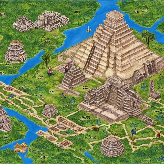 Prompt: an isometric game map of Tikal, Lost World Pyramid, Tikal Temple IV, Maya Temples