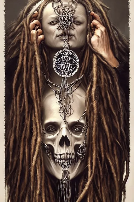 Image similar to evil angels that look like hippies with dreadlocks dancing with chains, fantasy, face with skull mask, long hair, intricate, elegant, highly detailed, digital painting, artstation, concept art, smooth, sharp focus, illustration, art by artgerm and greg rutkowski and aleister crowley