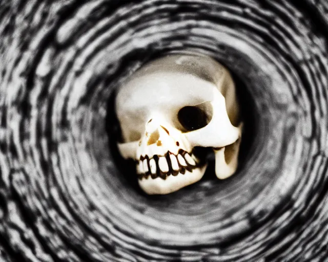 Prompt: An extreme close up photograph of a skull, dents, holes, macro photography, dof