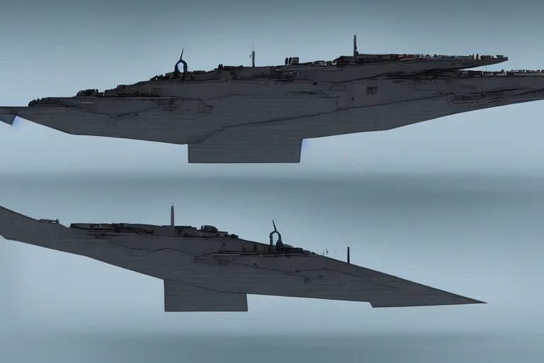 Image similar to Concept art of an angular stealth Bismarck battleship