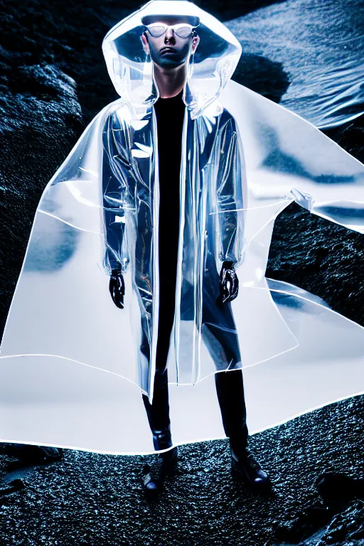 Image similar to an ultra high definition professional high fashion portrait studio full length photograph of a male model wearing a transparent pearlescent raincoat and neon visor laying down on the floor of an icelandic black rock environment at dawn. no artefacts. extremely detailed. stark. refraction. shallow depth of field. volumetric light and shadow. ray tracing. light rays.