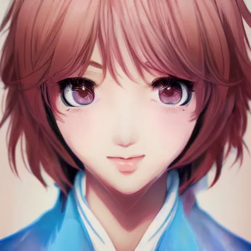 Image similar to portrait of Sayori from Doki Doki Literature Club, detailed facial features, optimistic colors, bright eyes, clear eyes, warm smile, delicate, by artgerm and WLOP