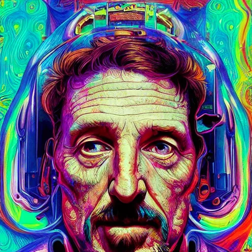 Image similar to John McAfee an extremely psychedelic experience, colorful, surreal, dramatic lighting, cosmonaut, LSD, face, detailed, intricate, elegant, highly detailed, digital painting, artstation, concept art, smooth, sharp focus, illustration, art by Sam Spratt, Dan Mumford, Artem Demura and Alphonse Mucha