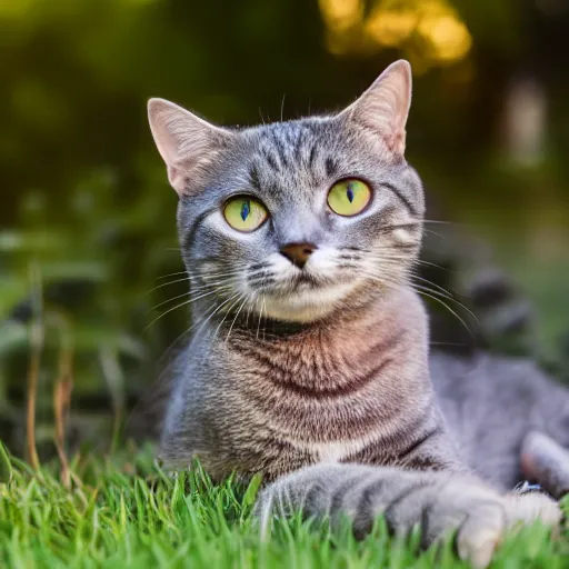 Image similar to a cute grey tabby cat sitting on the corner of a front yard outside in the late afternoon on a beautiful summer day, sunset