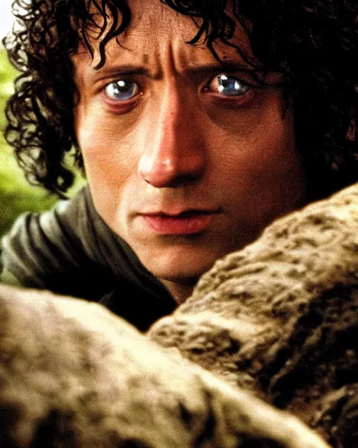 Image similar to film still close up shot of dwayne johnson as frodo baggins in the movie the lord of the rings. photographic, photography