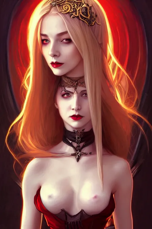 Image similar to Portrait of seductive female necromancer, D&D, revealing stylish dress, red eyes, choker on neck, long blonde hair, mouth slightly open, slight nerdy smile, fantasy, intricate, elegant, highly detailed, digital painting, artstation, concept art, smooth, sharp focus, illustration, art by artgerm and greg rutkowski and alphonse mucha