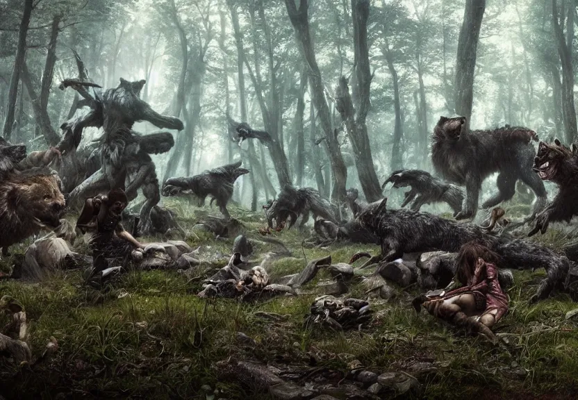 Prompt: a party of adventurers are attacked by a dire wolf in a forest glade, digital art, greg rutkowski, junji ito, unreal engine, octane render, cinematic lighting, highly detailed