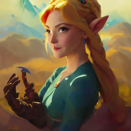 Image similar to greg manchess portrait of zelda as disney character, matte painting, bold shapes, hard edges, by huang guangjian, gil elvgren, sachin teng. in a beautiful landscape full of emotions, cgsociety masterpiece, artstation trending, by rossdraws, ghibli, kimi no na wa, greg rutkowski, simon stalberg, greg manchess