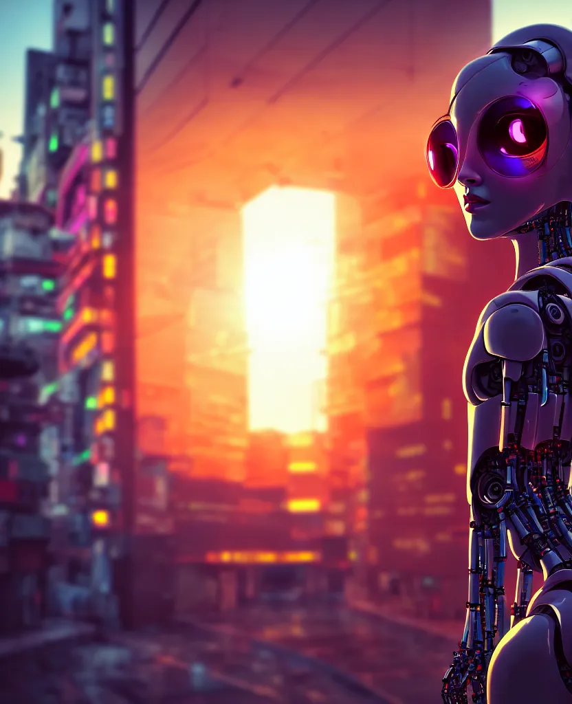 Image similar to a photo close up cyberpunk half robot half girl stands in a cyberpunk hiroshima, prefecture streets, sunset, photorealistic, cinematic lighting, very detailed, style by tomino - sama