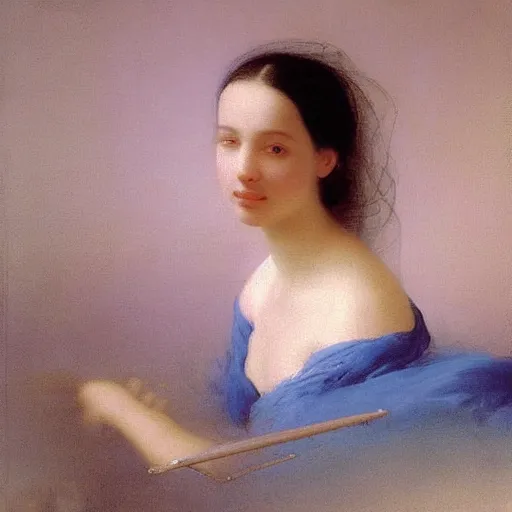 Image similar to a young woman’s face, her hair is white, she wears a long flowing blue satin veil, by ivan aivazovsky and pieter claesz and paul delaroche and alma tadema and august malmstrom and and willen claesz heda and aelbert cuyp and gerard ter borch, hyperrealistic, volumetric light, helios 40 lens, rendered in octane, c4d