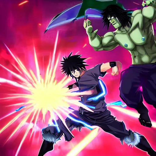 Image similar to epic anime battle between the sasuke and the incredible hulk, digital art, game art, character design, trending on artstation, ultra realistic, ultra detailed