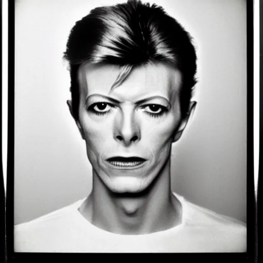 Prompt: Mugshot Portrait of Young David Bowie, taken in the 1970s, photo taken on a 1970s polaroid camera, grainy, real life, hyperrealistic, ultra realistic, realistic, highly detailed, epic, HD quality, 8k resolution, body and headshot, film still, front facing, front view, headshot and bodyshot, detailed face, very detailed face