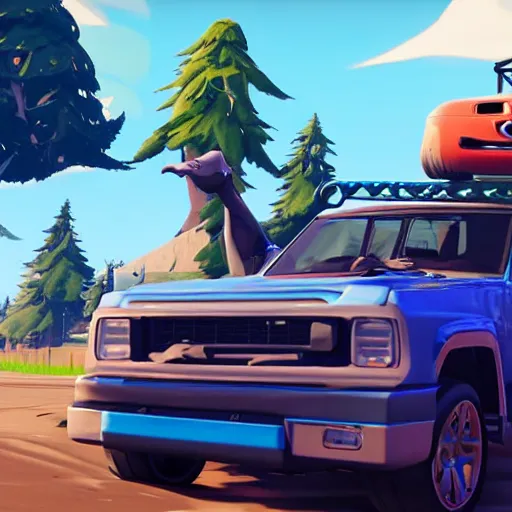 Image similar to fat john cena driving a car with really big tires, super big tires, chonky tires, fortnite screenshot. Chonkers. Chonk.