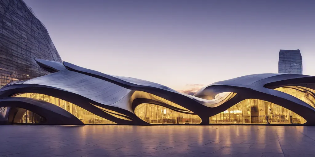 Image similar to extremely elegant smooth detailed stunning sophisticated beautiful elegant futuristic museum exterior by Zaha Hadid, Milan buildings in the background, smooth curvilinear design, stunning volumetric light, stainless steal, concrete, translucent material, beautiful sunset, tail lights