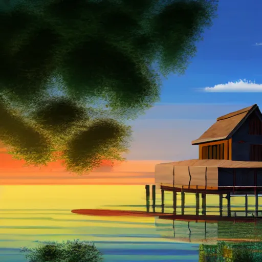 Image similar to a serene landscape with a singular building near a lake at sunset, anime style, 8k, low saturation, high quality, high detail, cartoon