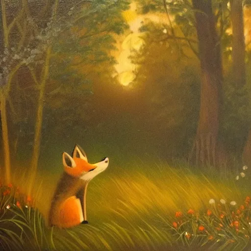 Image similar to A fox playing the piano in a meadow in the forest during the night under the moonlight, oil painting
