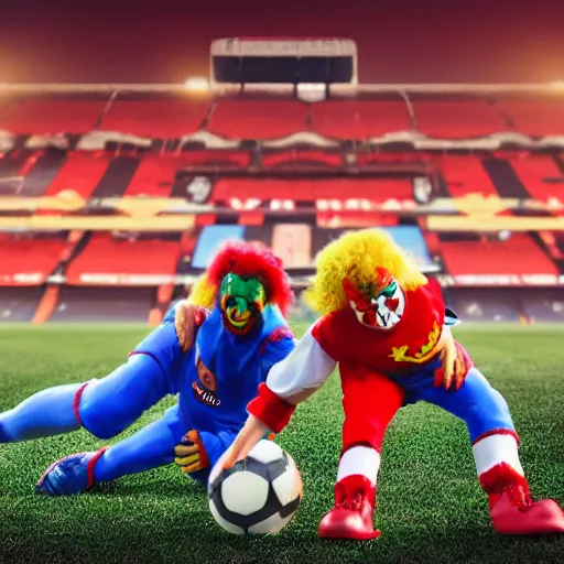 Image similar to clowns playing for man united, photorealistic, dramatic, 4 k, sharp focus