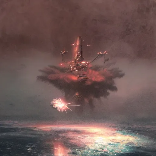 Prompt: science - fiction battleship in combat, in planet atmosphere and dense fog, explosions, highly detailed, trending on artstation, mate painting