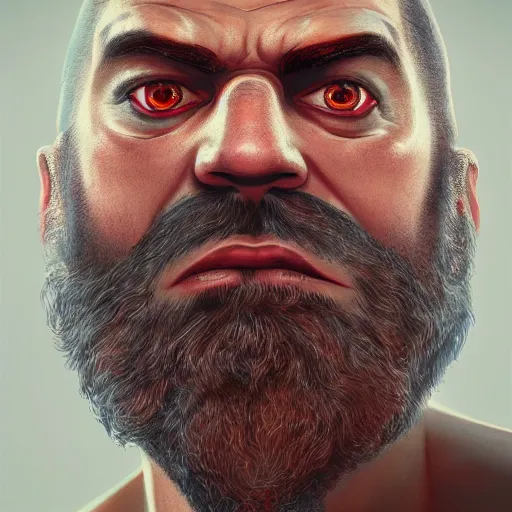Image similar to high detailed portrait of a bald wizard with red long beard and a tribal tattoo around his left eye, gta 5 cover style, highly detailed, digital painting, Trending on artstation , HD quality, by Samwise Didier, dramatic light, octane