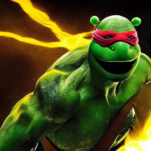 Image similar to teenage mutant ninja turtle, epic action movie still, hyper realistic award winning creature photography, epic volumetric lighting, border of glowing green radioactive ooze dripping, detailed face, golden ratio