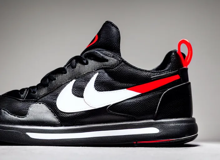 Image similar to product still of Darth Vader signature Nikes, metallic black with white stripes and a glowing red swoosh, 85mm f1.8