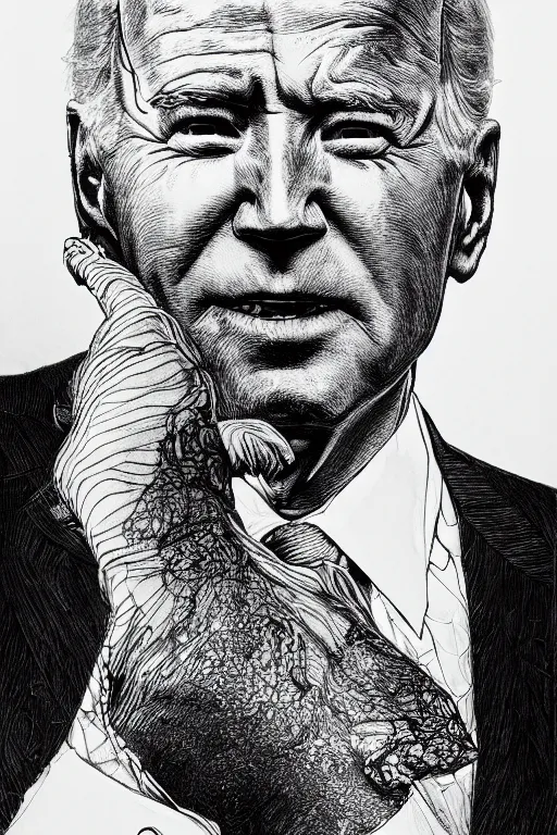 Prompt: Portrait of Joe Biden, pen and ink, intricate line drawings, by Yoshitaka Amano, Ruan Jia, Kentaro Miura, Artgerm