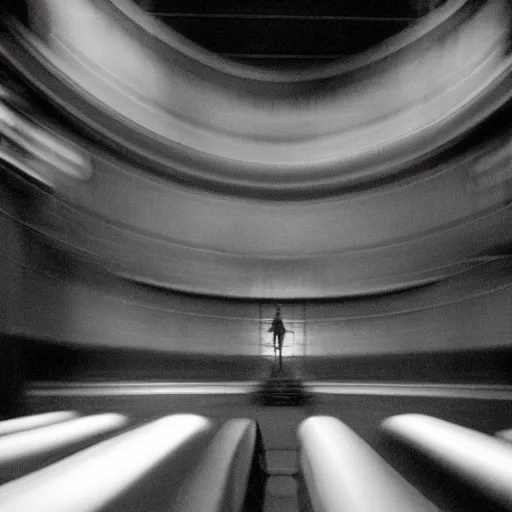 Image similar to a grainy photo of a shadowy figure in a birdcage on a large old abandoned theatre stage, black and white, motion blur, long exposure