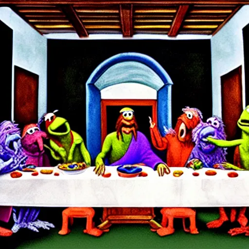 Image similar to the last supper with the cast of the muppet show, painted by michelangelo