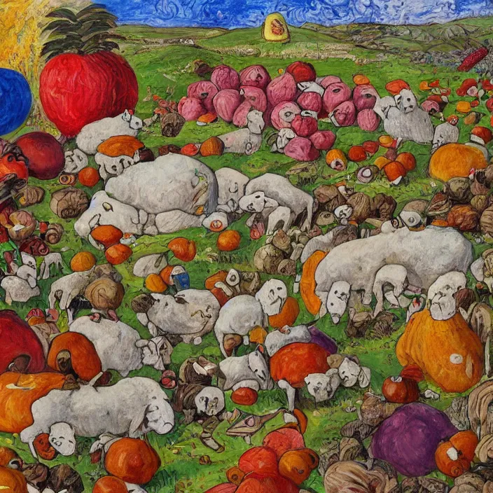 Prompt: several dead sheep, a pile of gigantic fruit, naivistic art, story book illustration, expressive, expressionistic, outsider art, colorful, schizophrenic, paranoid