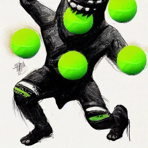 Image similar to a tennis ball monster, tennis ball, dark, chalky, super hero, digital art, fantasy, magic, trending on artstation, ultra detailed, professional illustration by Basil Gogos