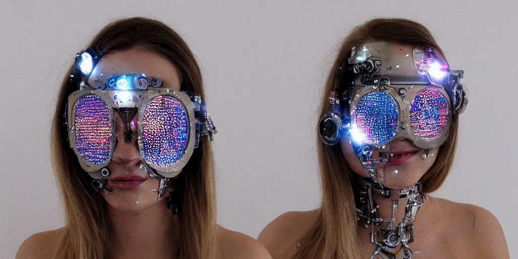 Prompt: a beautiful cyborg made of ceremonial discoball maske