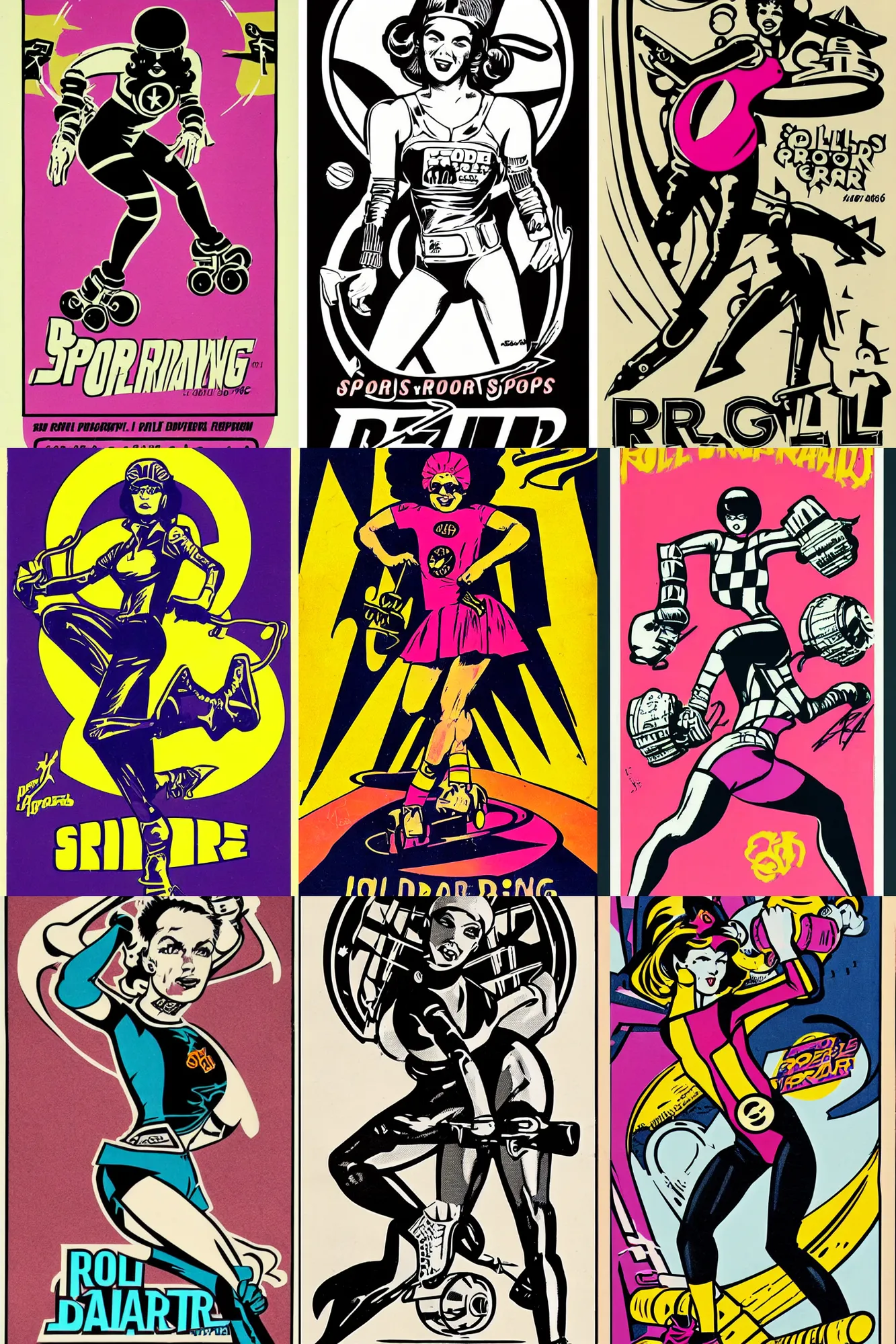Prompt: roller derby girl sprinting Cross-Over, full length portait, logo design by Philippe Caza, 1960s