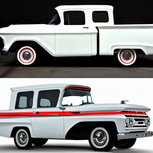 Prompt: 1960 White Ford Pickup + 2015 Chevy Tahoe hybrid SUV, Retro Aesthetic with Modern Features, Advanced Automobile, Premium SUV that is also an old Truck, 4K, Photo