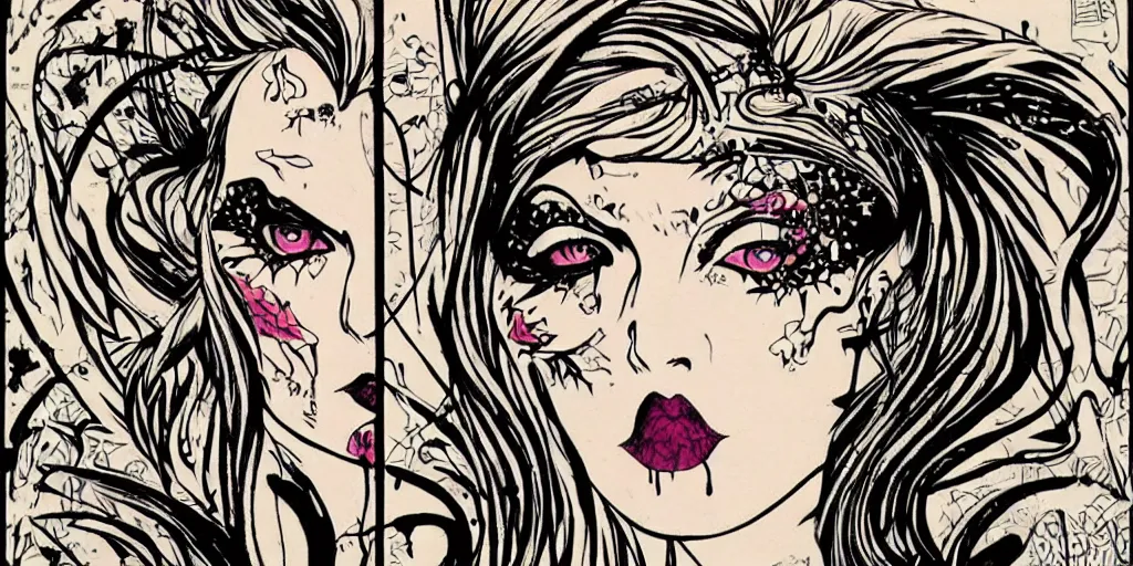 Prompt: a pair of aesthetic eyes, heavy goth makeup, punk, alluring, traditional art nouveau border, graffiti