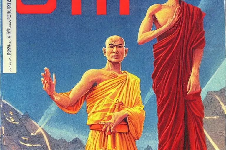 Prompt: 1979 OMNI Magazine Cover of Buddhist monk. in cyberpunk style by Vincent Di Fate