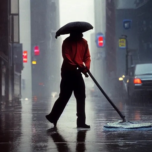 Image similar to closeup portrait of a cleaner with a giant mop in a rainy new york street, by Steve McCurry and David Lazar, natural light, detailed face, CANON Eos C300, ƒ1.8, 35mm, 8K, medium-format print