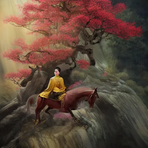 Image similar to a young handsome chinese prince, long black hair, golden eyes, elegant, intricate, backlit, incredible lighting, strong rim light, subsurface scattering, epic beautiful landscape, cherry trees, highly detailed, god rays, digital painting, by Heise Jinyao, Heise-Lian Yan Fang, Feimo, Rossdraws, HDRI, vivid colors, high contrast, 8k resolution, photorealistic