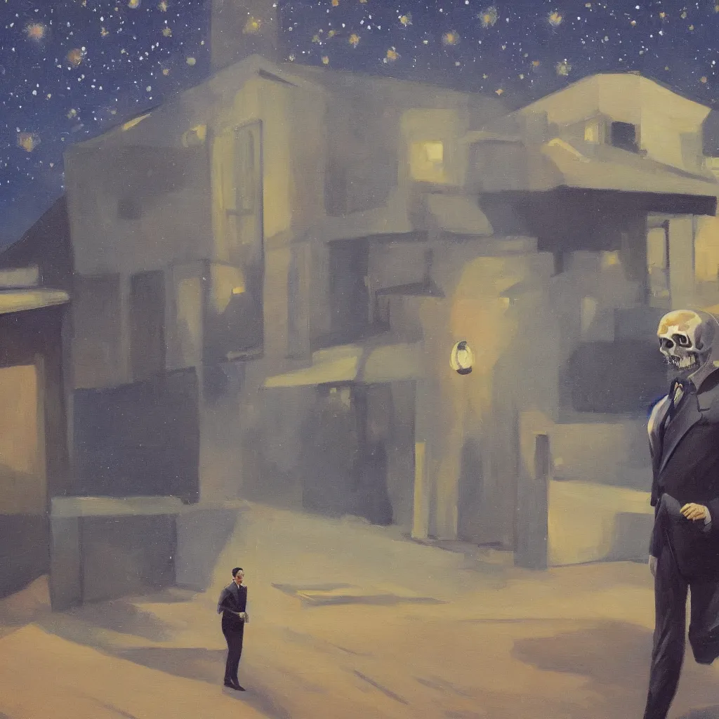 Image similar to a painting of a man walking down a lonely street on another planet and the sky is covered in stars, the head of the man is a skull, he is wearing a suit, in the style of edward hopper, 4 k,