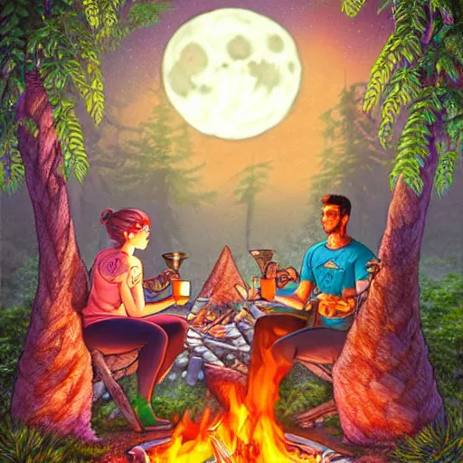 Image similar to richly detailed colored pencil 3 d illustration of spartan drinking tea at campfire with trichocereus background and smoke haze full moon ayahuasca peyote art by rossdraws range murata and artgerm fantasy