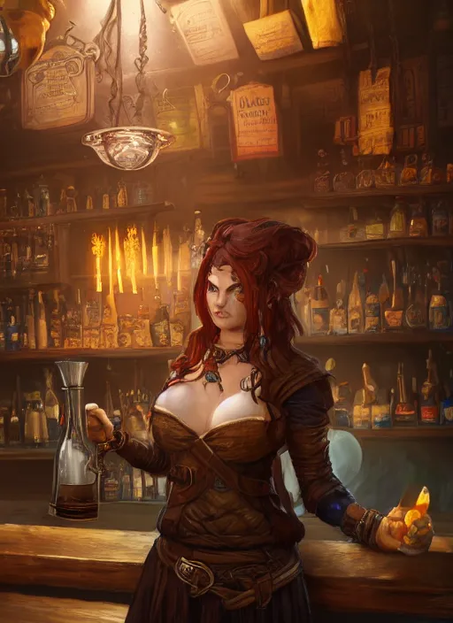 Image similar to barkeep tavern lady ultra detailed fantasy, elden ring, realistic, dnd character portrait, full body, dnd, rpg, lotr game design fanart by concept art, behance hd, artstation, deviantart, global illumination radiating a glowing aura global illumination ray tracing hdr render in unreal engine 5