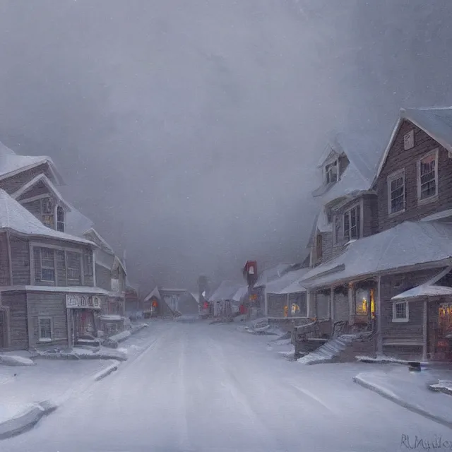 Prompt: a beautiful painting of a small new england town engulfed in a noreaster blizzard by rutkowski and rockwell, white out blizzard, horror concept art, detailed, art gallery quality, cinematic lighting