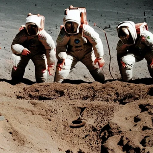 Prompt: full - color 1 9 7 2 photo of dozens of terra - cotta warriors being excavated on the moon by archaeologists wearing space - suits at a dig - site. high - quality professional journalistic photography from time magazine.