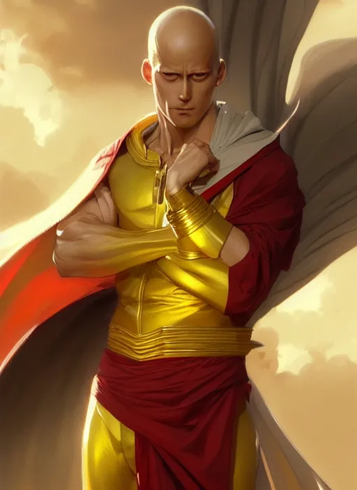 Image similar to ultra realistic illustration, handsome saitama. yellow and red cape, intricate, elegant, highly detailed, digital painting, artstation, concept art, smooth, sharp focus, illustration, art by artgerm and greg rutkowski and alphonse mucha and wlop