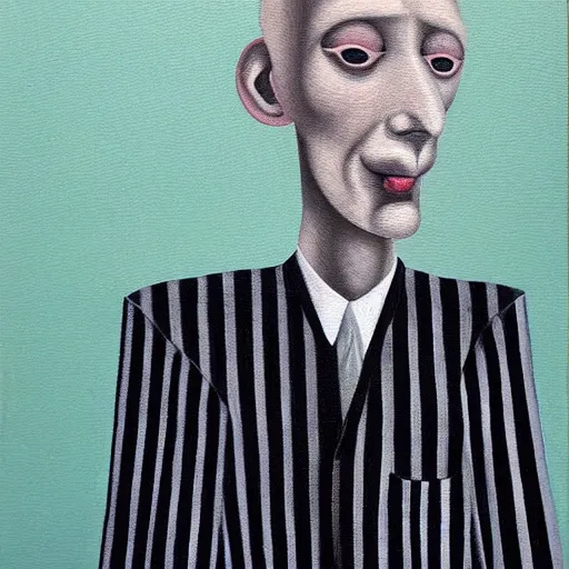 Image similar to a painting of a man wearing striped shirt, a surrealist painting by gertrude abercrombie. surrealism, dark, low contrast, featured on pixiv, precisionism, art on instagram, detailed painting