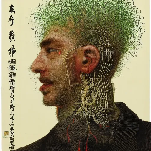 Prompt: beautiful portrait of neosoviet worker with plesure-generating wires sprouting out of his head by amano yoshitaka, aramaki shinji, giuseppe arcimboldo, 8k hyperreality