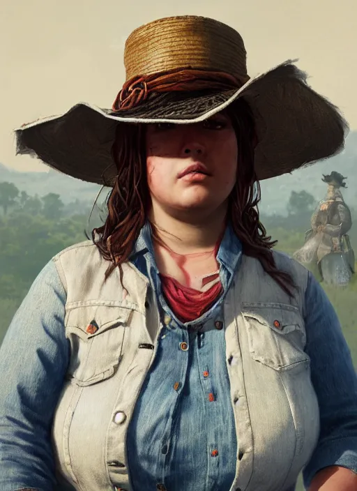 Image similar to highly detailed portrait of chubby woman wearing a white wide brim straw hat and a denim jacket, determined. red dead redemption art, unreal engine, fantasy art by greg rutkowski